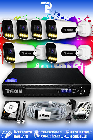 PICAM 6 Kameralı Zebra 6 Dış Kamera Set 100 GB HDD Full HD Renkli Gece Görüşlü Güvenlik Kamerası Sistemi