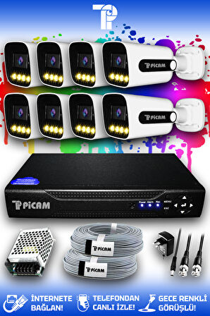 PICAM 8 Kameralı Zebra 8 Dış Kamera Set HDD'siz Full HD Renkli Gece Görüşlü Güvenlik Kamerası Sistemi