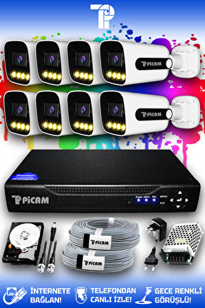 PICAM 8 Kameralı Zebra 8 Dış Kamera Set 100 GB HDD Full HD Renkli Gece Görüşlü Güvenlik Kamerası Sistemi
