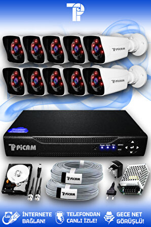 PICAM 10 Kameralı Kare 10 Dış Kamera Set 100 GB HDD Full HD Gece Görüşlü Güvenlik Kamerası Sistemi