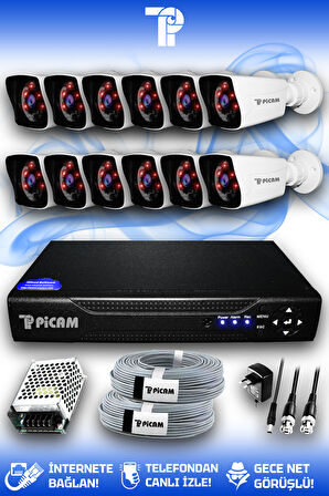 PICAM 12 Kameralı Kare 12 Dış Kamera Set HDD'siz Full HD Gece Görüşlü Güvenlik Kamerası Sistemi