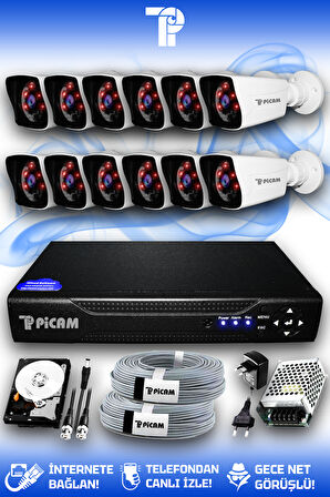 PICAM 12 Kameralı Kare 12 Dış Kamera Set 100 GB HDD Full HD Gece Görüşlü Güvenlik Kamerası Sistemi