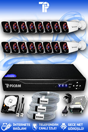 PICAM 16 Kameralı Kare 16 Dış Kamera Set 250 GB HDD Full HD Gece Görüşlü Güvenlik Kamerası Sistemi