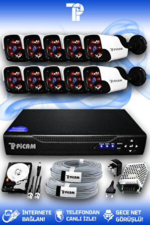 PICAM 10 Kameralı Panda 10 Dış Kamera Set 320 GB HDD Full HD Gece Görüşlü Güvenlik Kamerası Sistemi