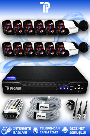 PICAM 12 Kameralı Panda 12 Dış Kamera Set HDD'siz Full HD Gece Görüşlü Güvenlik Kamerası Sistemi