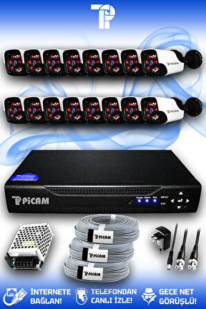 PICAM 16 Kameralı Panda 16 Dış Kamera Set HDD'siz Full HD Gece Görüşlü Güvenlik Kamerası Sistemi