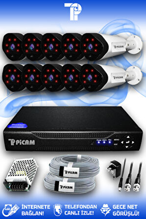 PICAM 10 Kameralı Uzay 10 Dış Kamera Set HDD'siz Full HD Gece Görüşlü Güvenlik Kamerası Sistemi