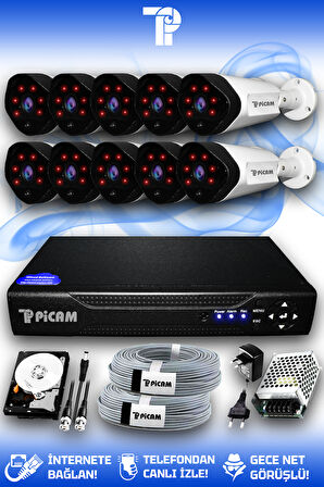PICAM 10 Kameralı Uzay 10 Dış Kamera Set 100 GB HDD Full HD Gece Görüşlü Güvenlik Kamerası Sistemi