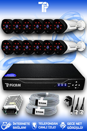 PICAM 12 Kameralı Uzay 12 Dış Kamera Set HDD'siz Full HD Gece Görüşlü Güvenlik Kamerası Sistemi