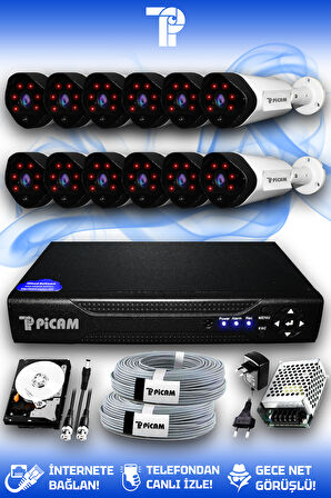 PICAM 12 Kameralı Uzay 12 Dış Kamera Set 100 GB HDD Full HD Gece Görüşlü Güvenlik Kamerası Sistemi