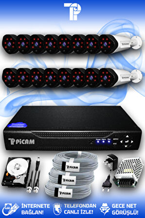 PICAM 16 Kameralı Uzay 16 Dış Kamera Set 250 GB HDD Full HD Gece Görüşlü Güvenlik Kamerası Sistemi