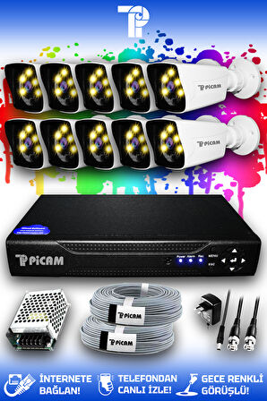 PICAM 10 Kameralı Kare 10 Dış Kamera Set HDD'siz Full HD Renkli Gece Görüşlü Güvenlik Kamerası Sistemi
