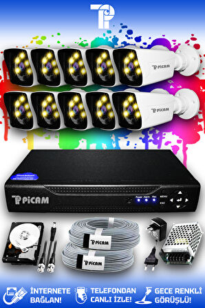 PICAM 10 Kameralı Kare 10 Dış Kamera Set 250 GB HDD Full HD Renkli Gece Görüşlü Güvenlik Kamerası Sistemi