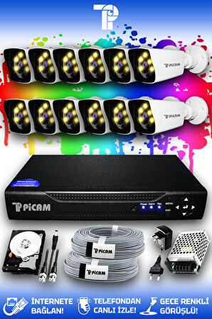 PICAM 12 Kameralı Kare 12 Dış Kamera Set 100 GB HDD Full HD Renkli Gece Görüşlü Güvenlik Kamerası Sistemi
