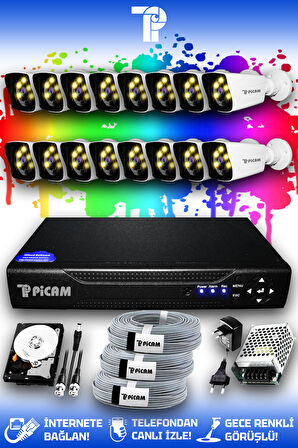 PICAM 16 Kameralı Kare 16 Dış Kamera Set 100 GB HDD Full HD Renkli Gece Görüşlü Güvenlik Kamerası Sistemi