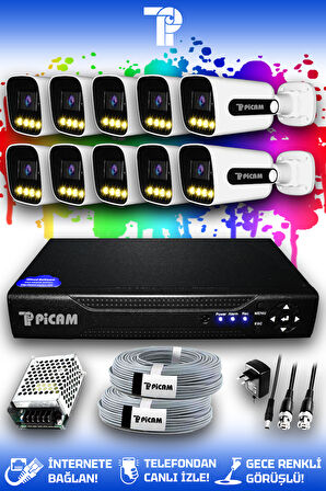 PICAM 10 Kameralı Zebra 10 Dış Kamera Set HDD'siz Full HD Renkli Gece Görüşlü Güvenlik Kamerası Sistemi