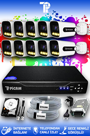 PICAM 10 Kameralı Zebra 10 Dış Kamera Set 100 GB HDD Full HD Renkli Gece Görüşlü Güvenlik Kamerası Sistemi
