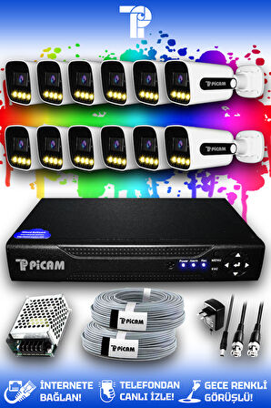 PICAM 12 Kameralı Zebra 12 Dış Kamera Set HDD'siz Full HD Renkli Gece Görüşlü Güvenlik Kamerası Sistemi
