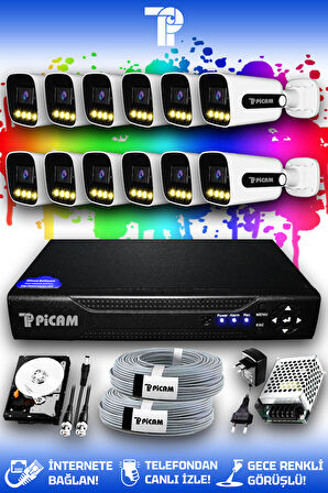PICAM 12 Kameralı Zebra 12 Dış Kamera Set 100 GB HDD Full HD Renkli Gece Görüşlü Güvenlik Kamerası Sistemi