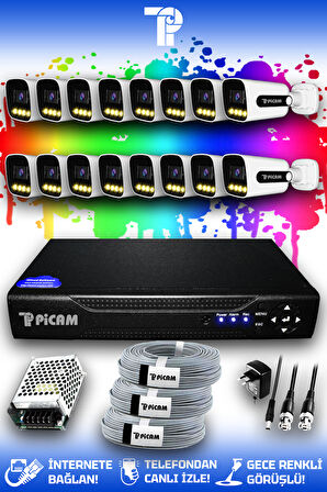 PICAM 16 Kameralı Zebra 16 Dış Kamera Set HDD'siz Full HD Renkli Gece Görüşlü Güvenlik Kamerası Sistemi
