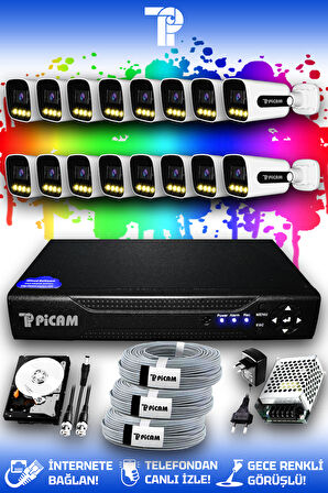 PICAM 16 Kameralı Zebra 16 Dış Kamera Set 100 GB HDD Full HD Renkli Gece Görüşlü Güvenlik Kamerası Sistemi