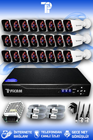 PICAM 24 Kameralı Kare 24 Dış Kamera Set HDD'siz Full HD Gece Görüşlü Güvenlik Kamerası Sistemi