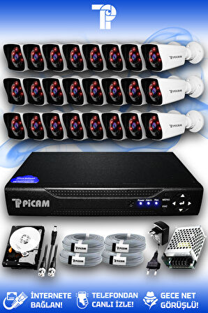 PICAM 24 Kameralı Kare 24 Dış Kamera Set 100 GB HDD Full HD Gece Görüşlü Güvenlik Kamerası Sistemi