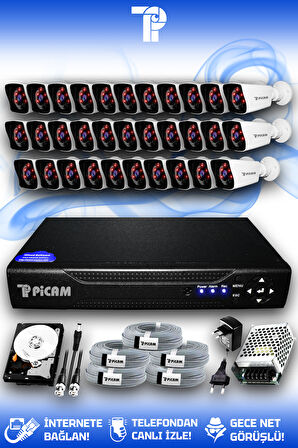 PICAM 32 Kameralı Kare 32 Dış Kamera Set 100 GB HDD Full HD Gece Görüşlü Güvenlik Kamerası Sistemi