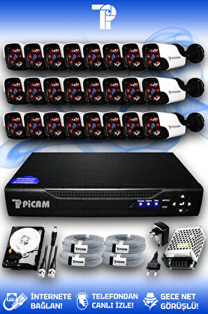 PICAM 24 Kameralı Panda 24 Dış Kamera Set 250 GB HDD Full HD Gece Görüşlü Güvenlik Kamerası Sistemi