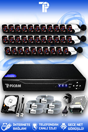 PICAM 32 Kameralı Panda 32 Dış Kamera Set 1 TB HDD Full HD Gece Görüşlü Güvenlik Kamerası Sistemi