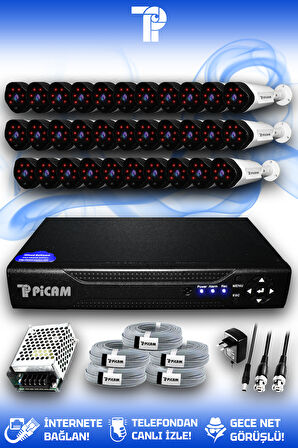 PICAM 32 Kameralı Uzay 32 Dış Kamera Set HDD'siz Full HD Gece Görüşlü Güvenlik Kamerası Sistemi