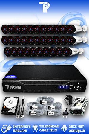 PICAM 32 Kameralı Uzay 32 Dış Kamera Set 500 GB HDD Full HD Gece Görüşlü Güvenlik Kamerası Sistemi