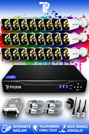 PICAM 24 Kameralı Kare 24 Dış Kamera Set HDD'siz Full HD Renkli Gece Görüşlü Güvenlik Kamerası Sistemi