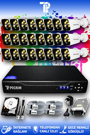 PICAM 24 Kameralı Kare 24 Dış Kamera Set 500 GB HDD Full HD Renkli Gece Görüşlü Güvenlik Kamerası Sistemi