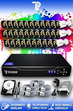 PICAM 32 Kameralı Kare 32 Dış Kamera Set 2 TB HDD Full HD Renkli Gece Görüşlü Güvenlik Kamerası Sistemi