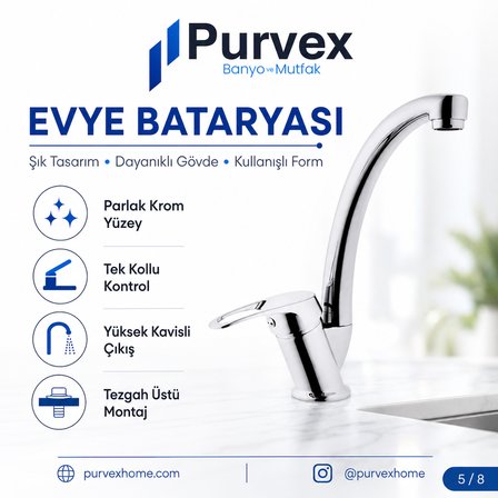 Purvex Home Klasik Mix Kuğu Evye Bataryası - Pirinç Gövde Krom Kaplama Aç-Kapa Mutfak Tezgah Üstü Musluğu 24 Ay Garantili