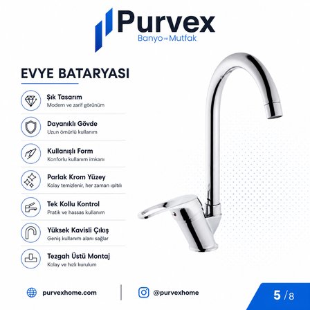 Purvex Home Klasik Mix Kuğu U Boru Evye Bataryası - Pirinç Gövde Krom Kaplama Aç-Kapa Mutfak Tezgah Üstü Musluğu
