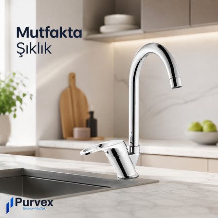 Purvex Home Klasik Mix Kuğu U Boru Evye Bataryası - Pirinç Gövde Krom Kaplama Aç-Kapa Mutfak Tezgah Üstü Musluğu