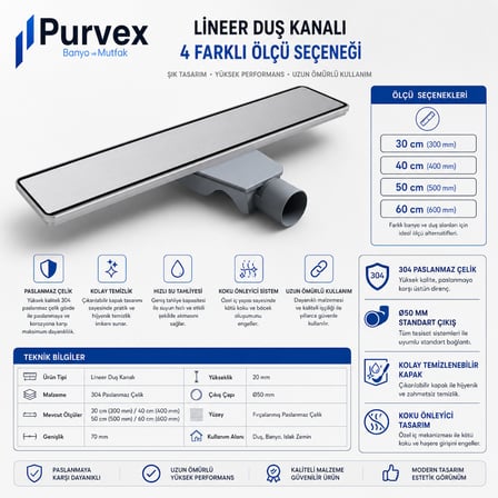Purvex Home Lineer Duş Kanalı - Fırçalanmış 304 Paslanmaz Çelik Duş Süzgeci, Koku Önleyici Trap  33 cm