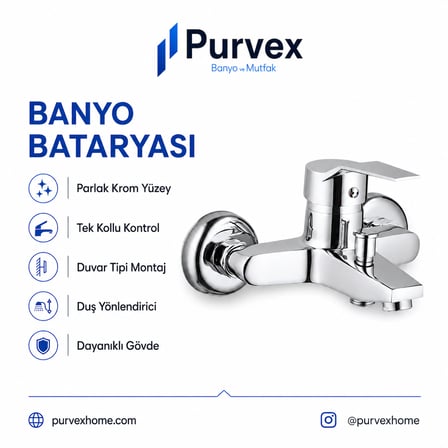 Purvex Home Spektra Banyo Bataryası Duvara Montaj Aç Kapa Krom Pirinç Musluk Fonksiyonel Yönlendiricili Duş Batarya Seti Lüks Modern Tasarım