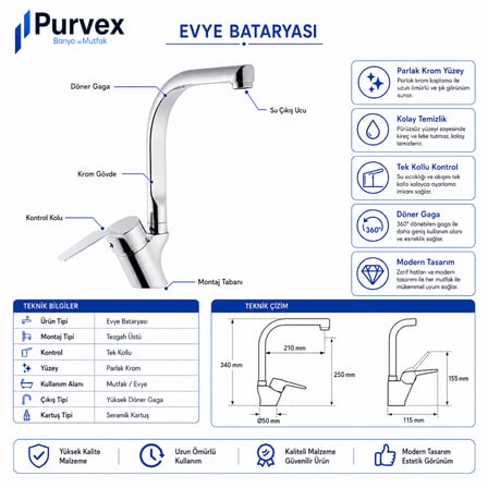 Purvex Home Spektra Eviye Bataryası Mutfak Evye Musluğu L Tipi Döner Borulu Tezgah Üstü Aç Kapa Krom Pirinç Musluk Bataryası Lüks Modern Tasarım