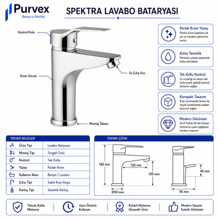 Spektra Yüksek Lavabo Bataryası - Çanak Lavabo İçin Uzun Musluk, Krom Kaplama Pirinç Gövde Lüks Banyo Bataryası