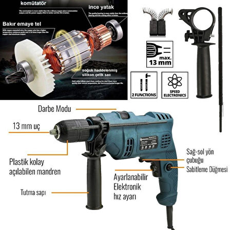 Prohummer Elektrikli 13mm Darbeli Matkap (Mavi) PH-EA016