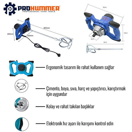 Prohummer  PH-K013 Elektrikli Harç Karıştırıcı 1600w (Mavi)