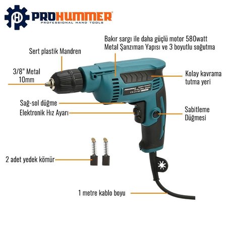 Prohummer PH002 Elektrikli Darbesiz Vidalama Matkap 10mm 580W Mavi