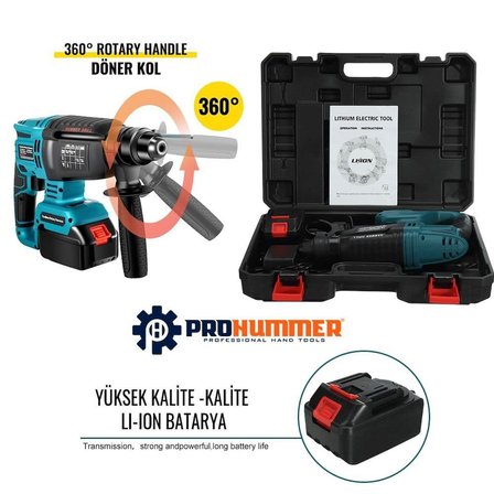 Prohummer PH014 Kömürsüz 88Vf 5Ah Profesyonel Şarjlı Kırıcı Delici Matkap (Mavi)
