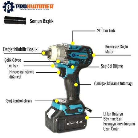 Prohummer PH093 Profesyonel Şarjlı Ultra 4lü Set Takımı Kırıcı Delici Somun Sıkma Taşlama ve Vidalama Matkap 58vf