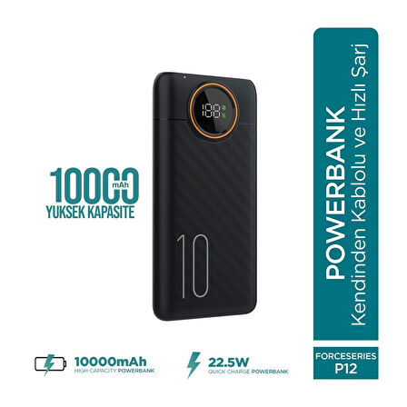 Force P12 10000mah 22.5w Hızlı Şarj Cihazı  - Fast Powerbank  - Dijital Ekran - Taşınabilir Şarj Cihazı