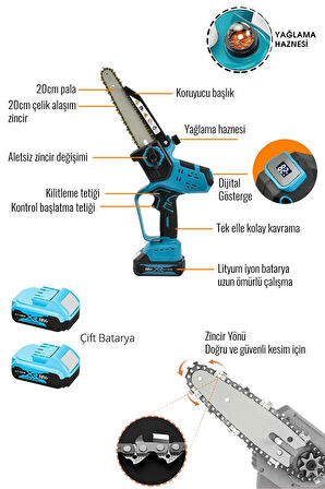 Prohummer PH228 Otomatik Yağlamalı Şarjlı El Testeresi Ağaç Odun Dal Kesme Budama Çift Batarya Dijital Göstergeli