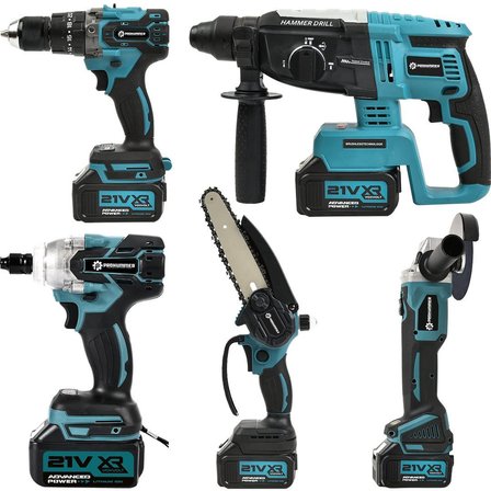 Prohummer PH252 Profesyonel Akülü Süper 5li Matkap Seti - 125mm Avuç Taşlama, Sds Plus Kırıcı Delici Hilti, Somun Sıkma Sökme, Vidalama Matkap, Budama Testere